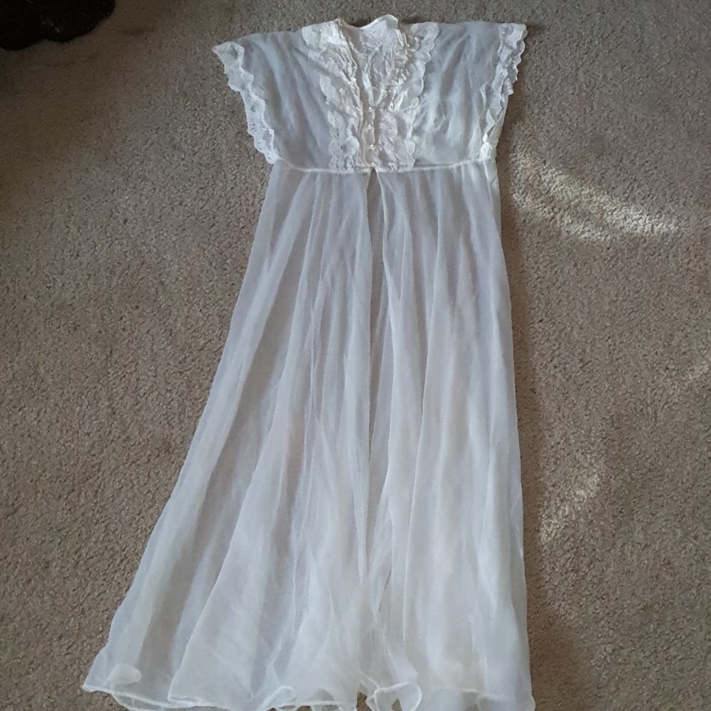Vtg Ivory White Sheer Lace Robe S/M